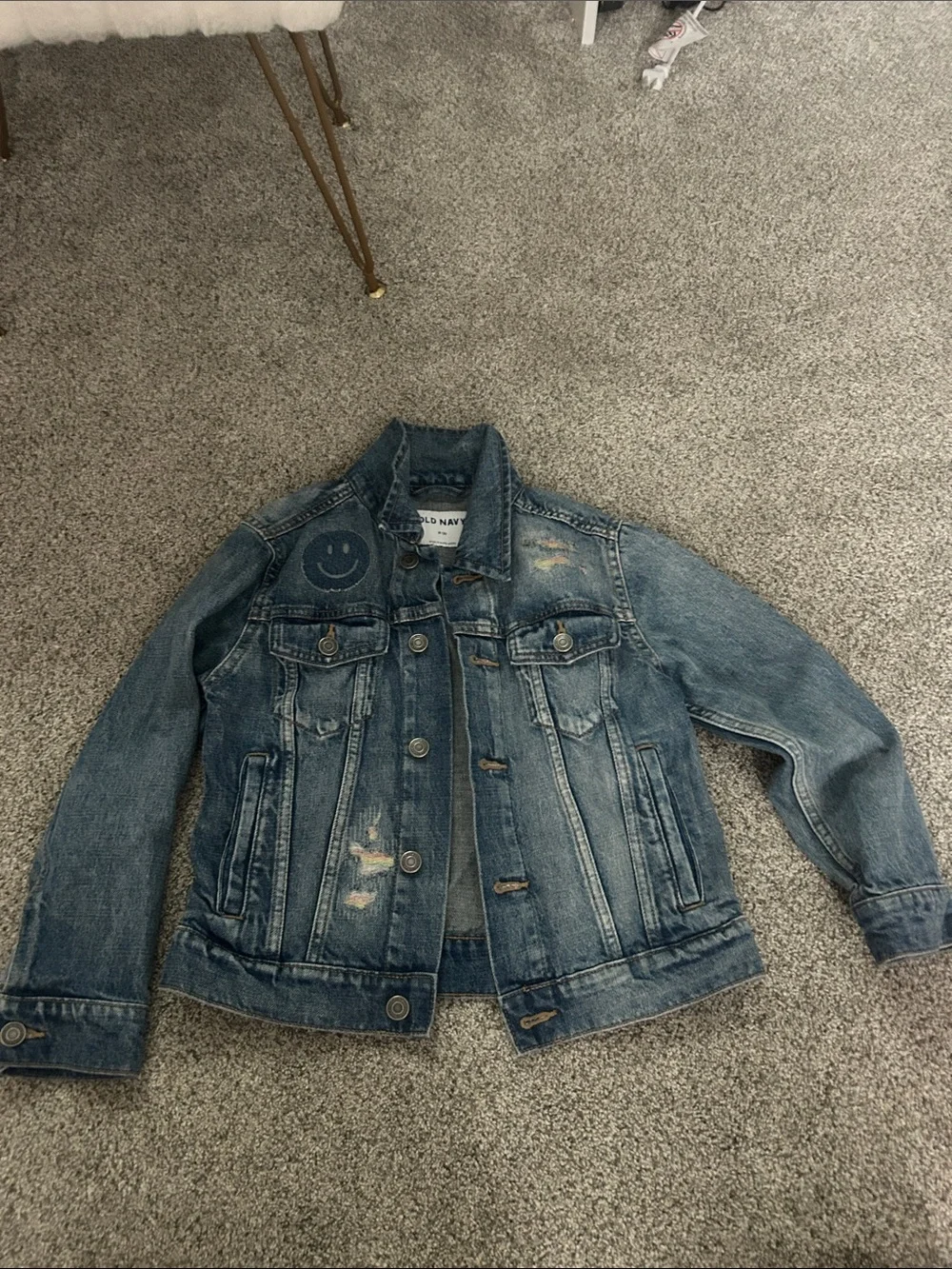 Old Navy Blue Distressed Denim Jacket with Smiley Patch